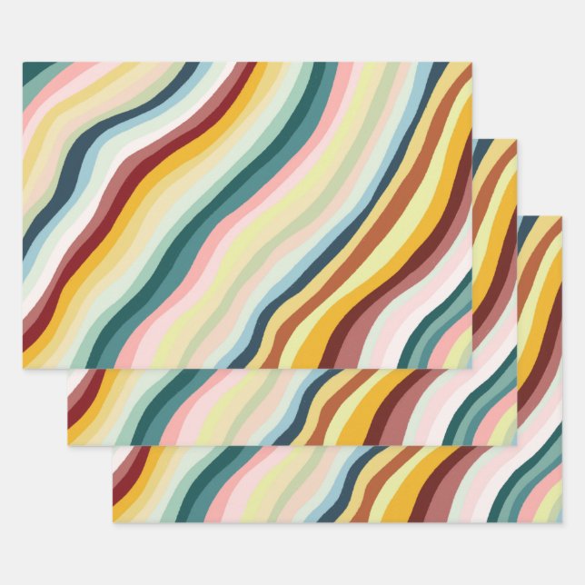 Colourful Modern Stripes Curves Waves Set of Wrapping Paper Sheet (Set)