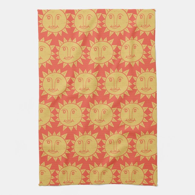Colourful Modern Suns Yellow Pattern Tea Towel (Vertical)