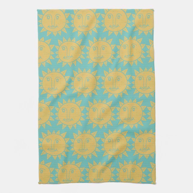 Colourful Modern Suns Yellow Pattern Tea Towel (Vertical)