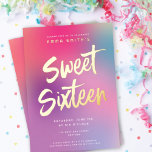 Colourful Modern Sweet Sixteen Birthday Party Gold<br><div class="desc">This modern Sweet Sixteen birthday party invite features a colourful gradient background in shades of pink, aqua, and purple with modern brush script in raised gold foil and modern typography. The brush script greeting says "Sweet Sixteen". The gradient background can be removed and replaced with a solid colour if you...</div>