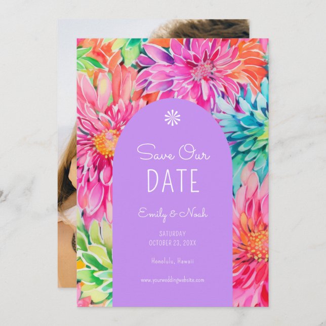 Colourful Modern Tropical Floral Wedding Photo Save The Date (Front/Back)