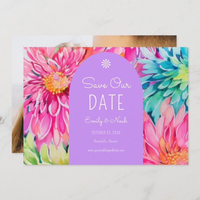 Colourful Modern Tropical Floral Wedding Photo Save The Date (Front/Back)