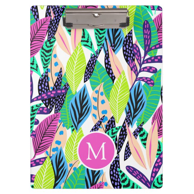 Colourful Modern Tropical Forest Leaves Monogram Clipboard (Front)
