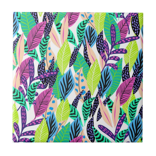 Colourful Modern Tropical Forest Leaves Pattern Tile (Front)