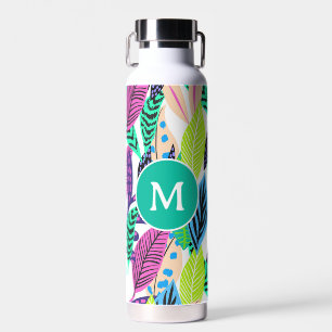 Colourful Modern Tropical Leaves Pattern Monogram Water Bottle