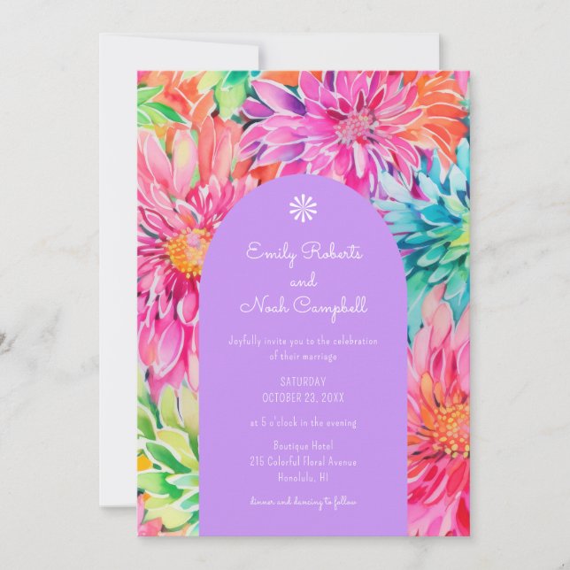 Colourful Modern Tropical Watercolor Floral Weddin Invitation (Front)