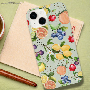 Colourful modern vintage fruit pattern grey iPhone 14 case