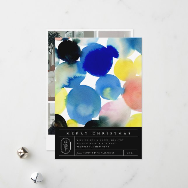 Colourful Modern Watercolor Art 4 Photo Holiday Card (Front/Back In Situ)