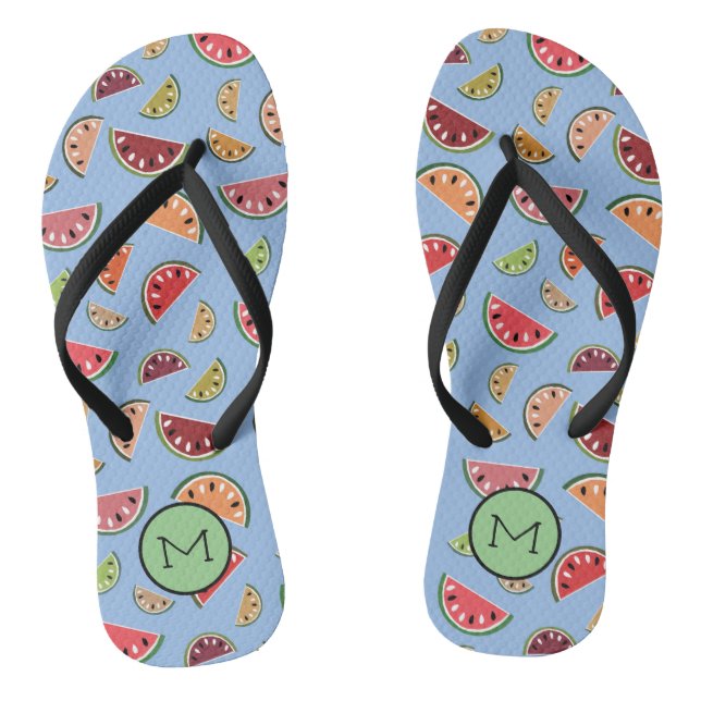 Colourful Modern Watermelon Pattern Monogram Jandals (Footbed)