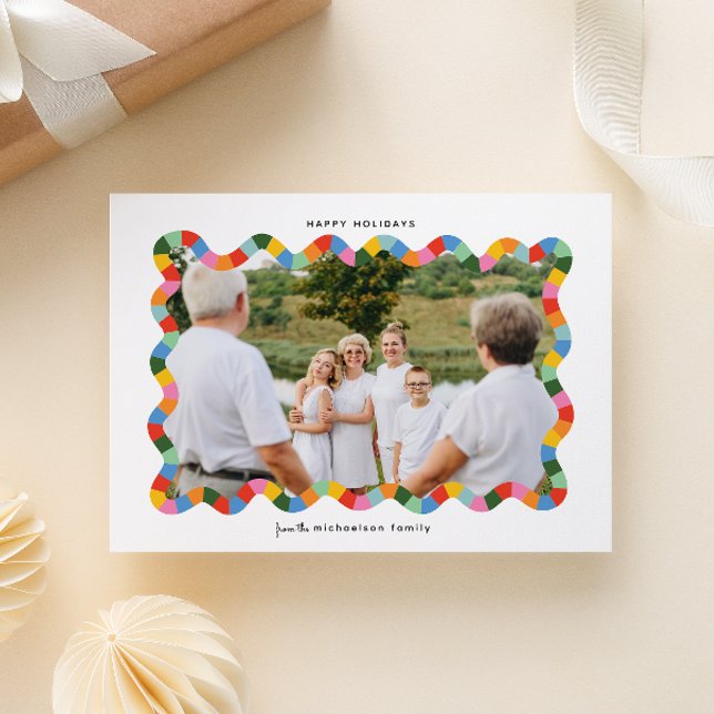Colourful Modern Wavy Frame Photo Christmas Holiday Card (Crispy white and happy colored check wavy frame Christmas holiday new year family photo card)