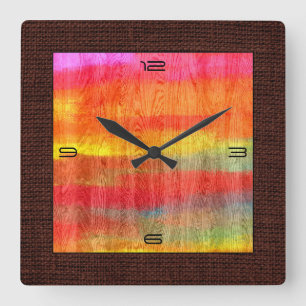 Colourful Modern Wood Grain Burlap Border #7 Square Wall Clock