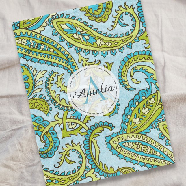 Colourful Monogram Paisley Blue Boho Chic Custom Fleece Blanket (Creator Uploaded)
