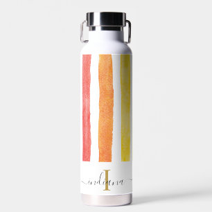 Colourful Monogram Script Name Watercolor Stripes Water Bottle