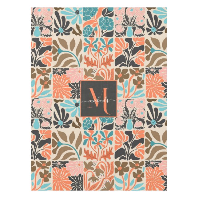 Colourful Monogram Script Retro Floral Pattern Tablecloth (Front)