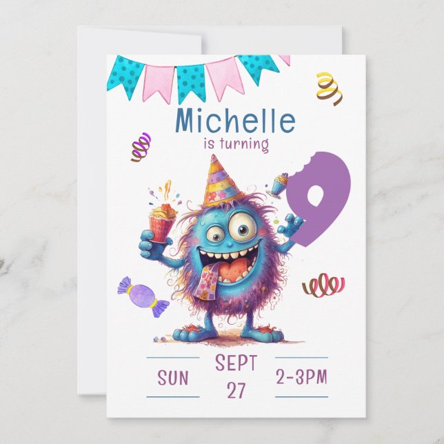 Colourful Monster Nine Year Birthday Invitation (Front)