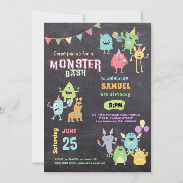 Colourful Monster Theme Kids Birthday Party Invitation (Front)