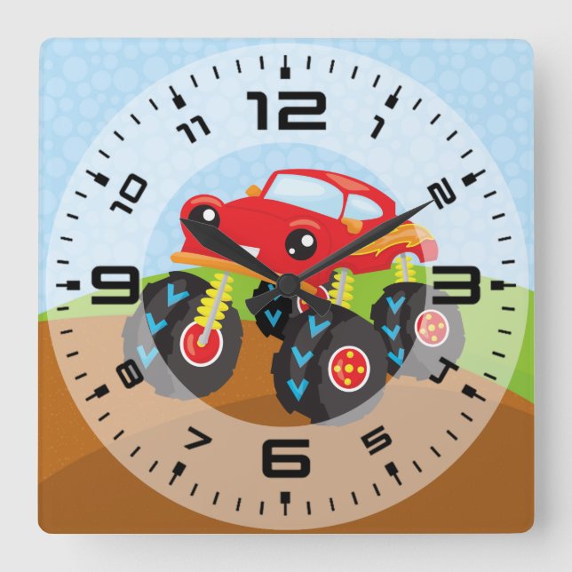 Colourful monster truck square wall clock (Front)