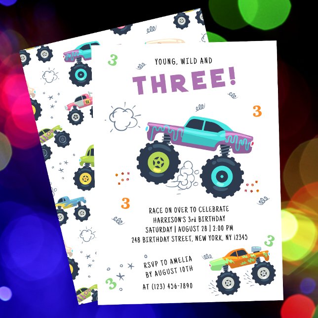 Colourful Monster Truck Third Birthday Invitation (Creator Uploaded)