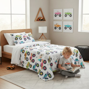 Colourful Monster Trucks Kids Room Gift Fleece Blanket