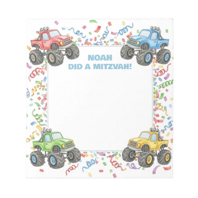 Colourful Monster Trucks Personalised Mitzvah  Notepad (Front)