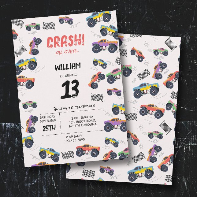 Colourful Monster Trucks Racing Kids Birthday Part Invitation (Colorful Monster Trucks Racing Kids Birthday Party Invitation)