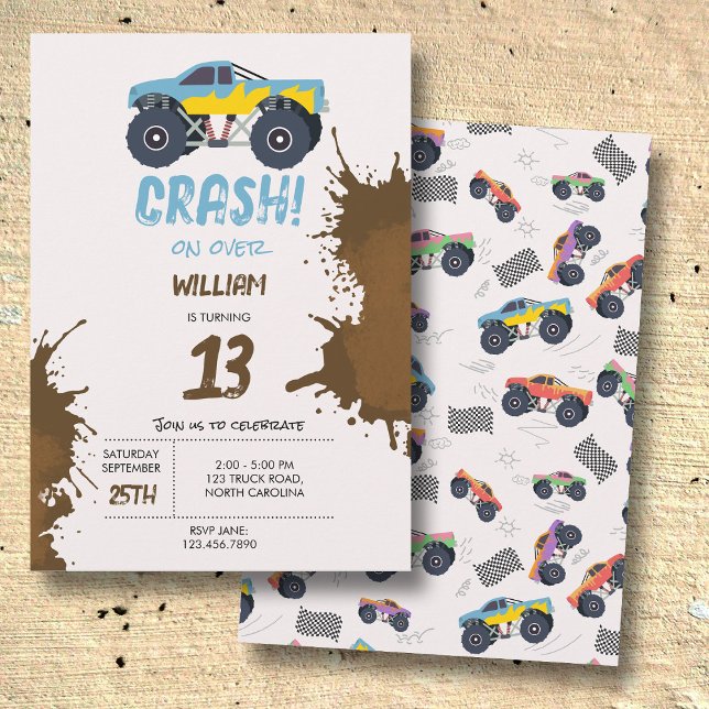 Colourful Monster Trucks Racing Kids Birthday Part Invitation (Colorful Monster Trucks Racing Kids Birthday Party Invitation)