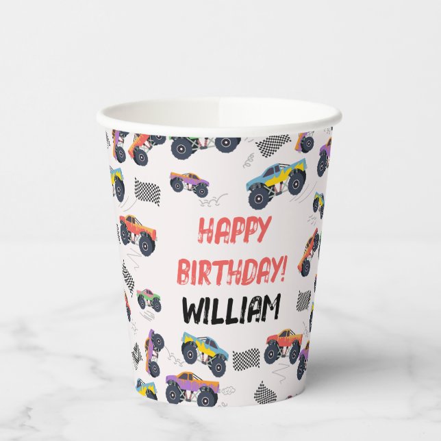 Colourful Monster Trucks Racing Kids Birthday Part Paper Cups (Left)