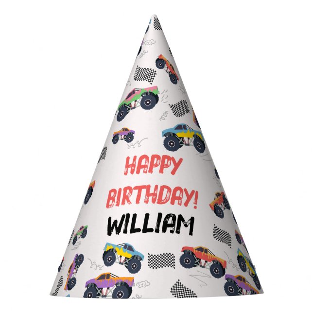 Colourful Monster Trucks Racing Kids Birthday Part Party Hat (Front)