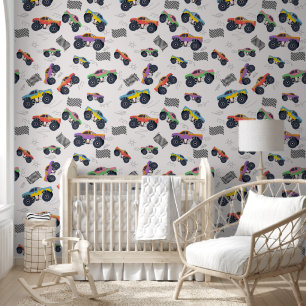 Colourful Monster Trucks Racing Kids Boys Pattern Wallpaper