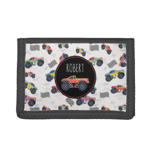 Colourful Monster Trucks Racing Kids Custom Name Trifold Wallet