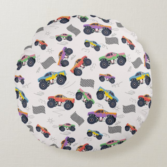 Colourful Monster Trucks Racing Pattern Round Cushion (Front)