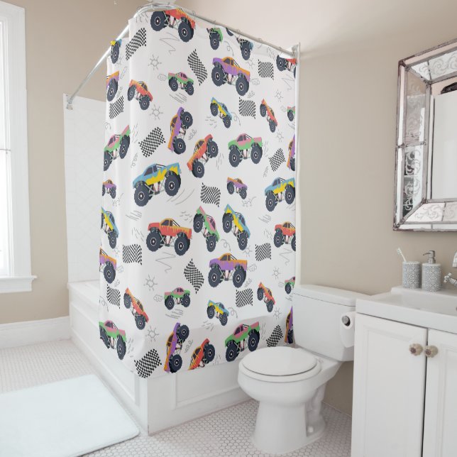 Colourful Monster Trucks Racing Pattern Shower Curtain (In Situ)