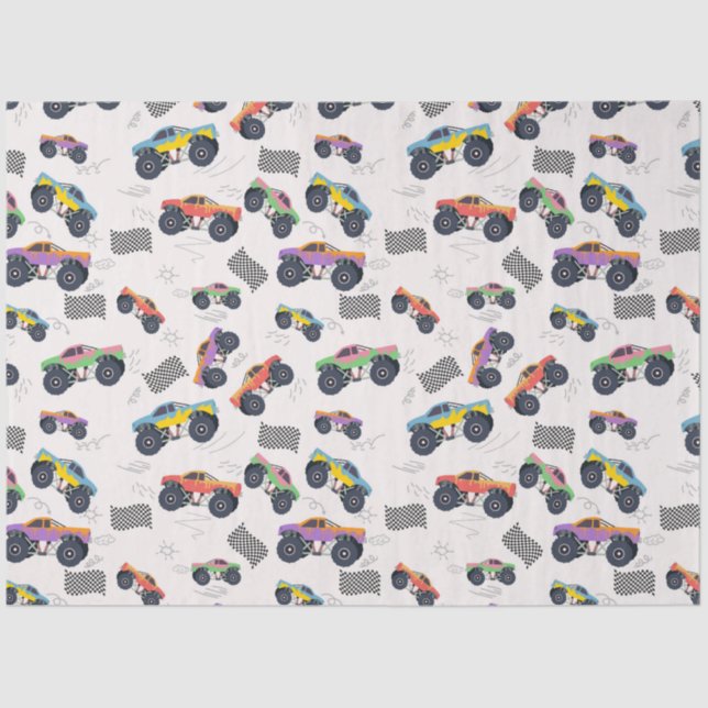 Colourful Monster Trucks Racing Pattern Tissue Paper (Front)