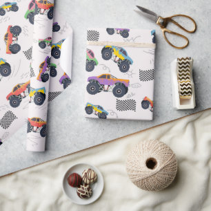 Colourful Monster Trucks Racing Pattern Wrapping Paper