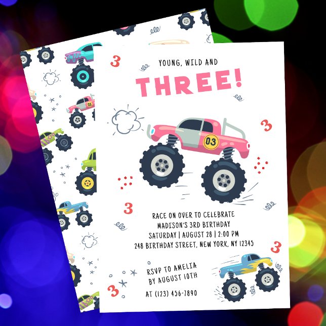 Colourful Monster Trucks Third Birthday Party Invitation (Creator Uploaded)
