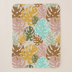 Colourful monstera jungle sherpa blanket