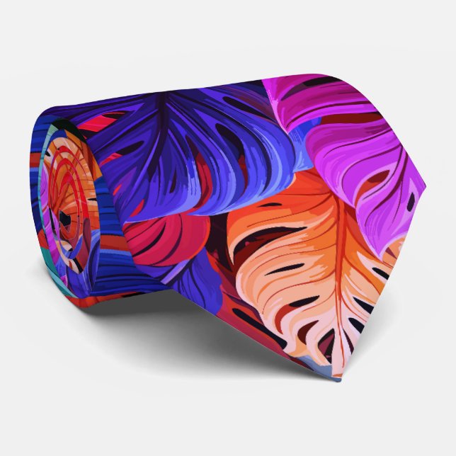 Colourful Monsterra Tropical Hawaiian pattern Tie (Rolled)