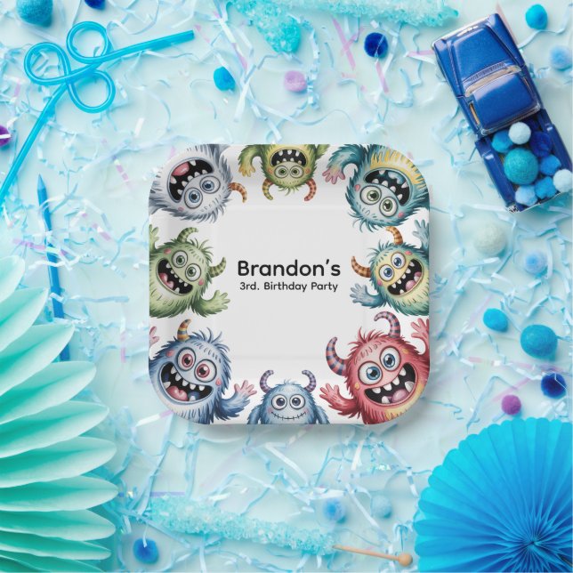 Colourful Monsters 3rd. Birthday Party Paper Plate (Party)