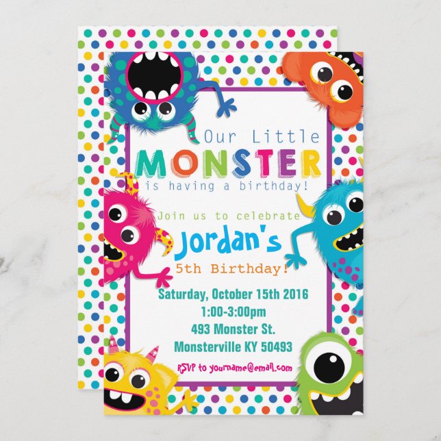 Colourful Monsters Birthday Party Invitation (Front/Back)