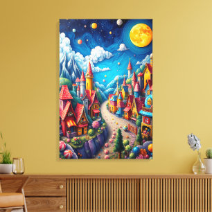 Colourful Moonlit Candy Land & Magical Village Canvas Print