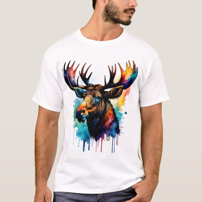 Colourful Moose Watercolor T-Shirt (Front)