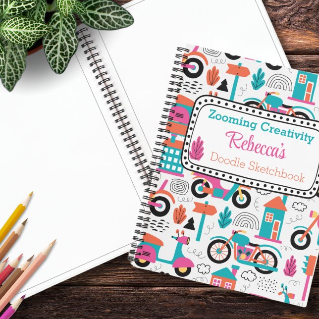 Colourful Moped Doodle Pattern Personalised Sketch Notebook (Fuel artistic adventures with our vibrant colored Moped Doodle Pattern Sketchbook. Customize today!)