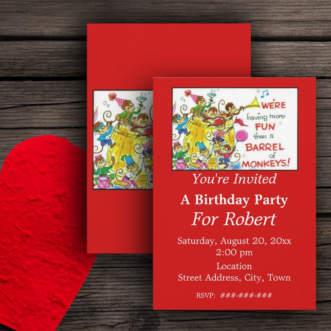 Colourful More Fun Than Barrel of Monkeys Birthday Invitation (More fun than barrel of monkeys on birthday party red invitations.)