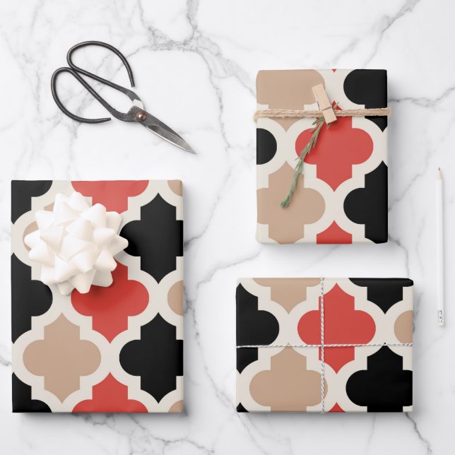 Colourful Moroccan Quatrefoil Lattice Pattern Wrapping Paper Sheet (Front)
