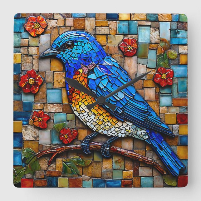 Colourful Mosaic Birds Gift for Bird Lovers Square Wall Clock (Front)