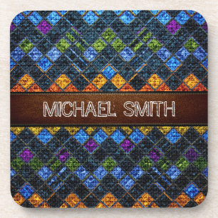 Colourful Mosaic Burlap Elegant Leather Look #9 Coaster