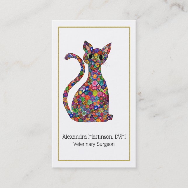 Colourful Mosaic Cat Gold Paw Animal Business Card (Front)