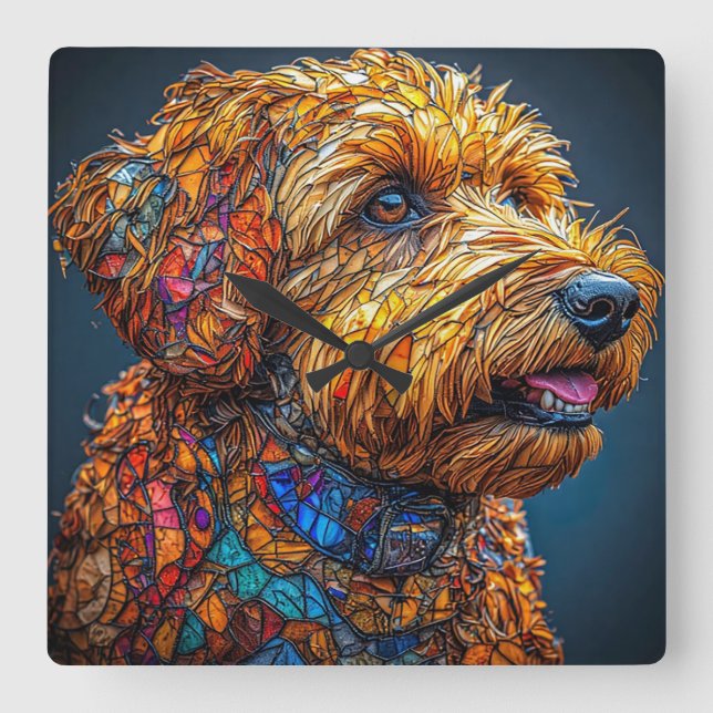 Colourful Mosaic Dog Square Wall Clock (Front)