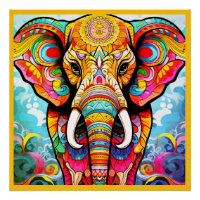 Colourful Mosaic Elephant on a Glossy Wall Poster