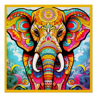 Colourful Mosaic Elephant on a Glossy Wall Poster